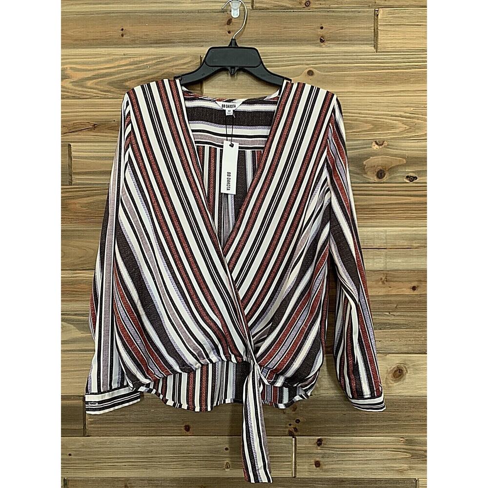 BB DAKOTA 'Along The Lines' Striped Crepon Wrap Top Blouse Shirt Women's Sz M